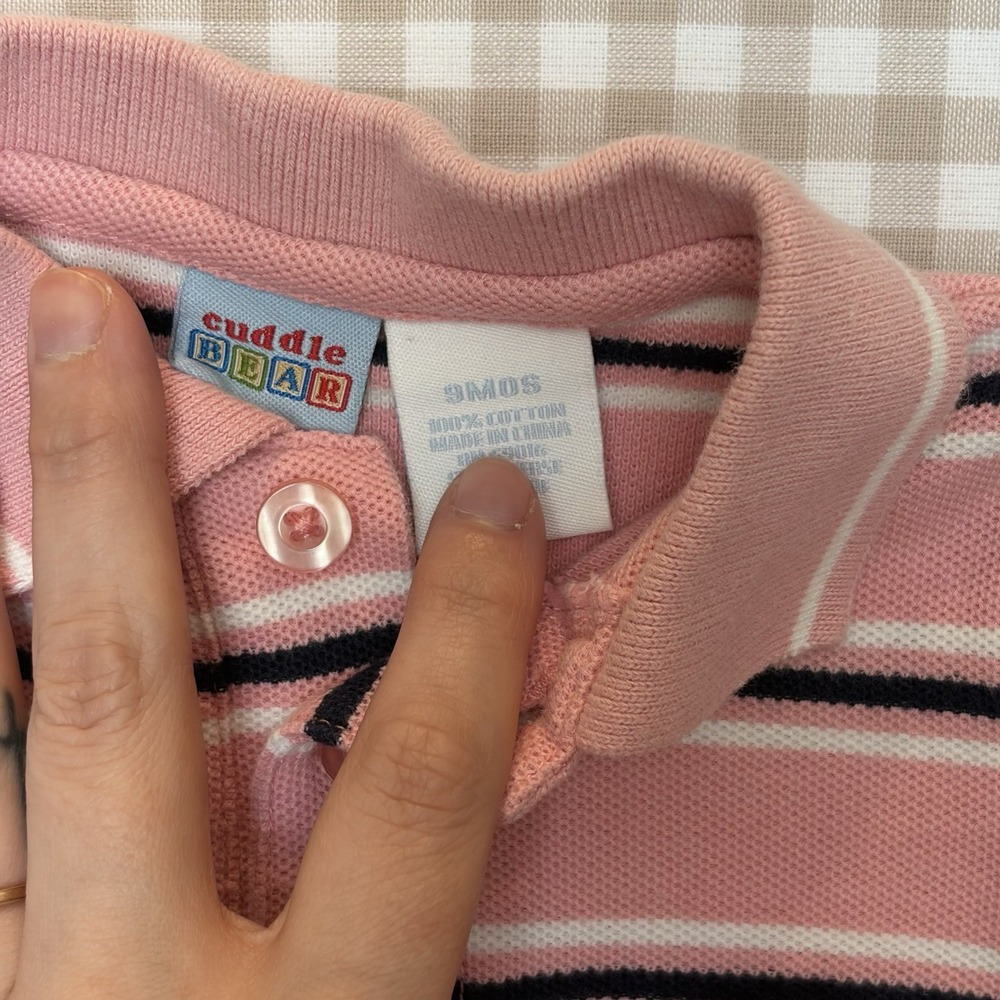 Cuddle Bear Polo Bodysuit Unisex 9M Pink Striped Collared Cotton One Piece Y2K - Picture 3 of 6